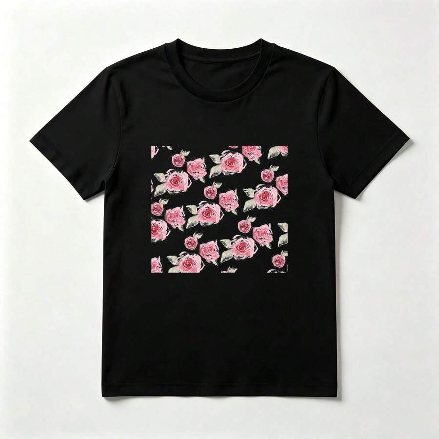 Rosas Rosas Acuarela Playera de Algodón Negro Romántica Suave - Negro - Ver 1