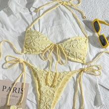 Swim Mod Women's 2-Piece Summer Beach Outfit, Textured Fabric Rope Tie Crop Top And Pants With Side Drawstring, Swimsuit Bikini Set Bikini Sets For Women Womans Bikini Sets Lace Swimwear - Amarillo - Ver 2