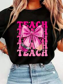 Limited Time Offer, Limited Quantity Available, Flash , Women's Shirts, Women's T-Shirts Groovy Teach Coquette Bow T-Shirt For Teachers, Ideal For Back To School, For Girls; Urban Style Graphic T-Shirt For Men And Women; Black Resort Style Crew Neck Top. - 黑色 - 查看 8