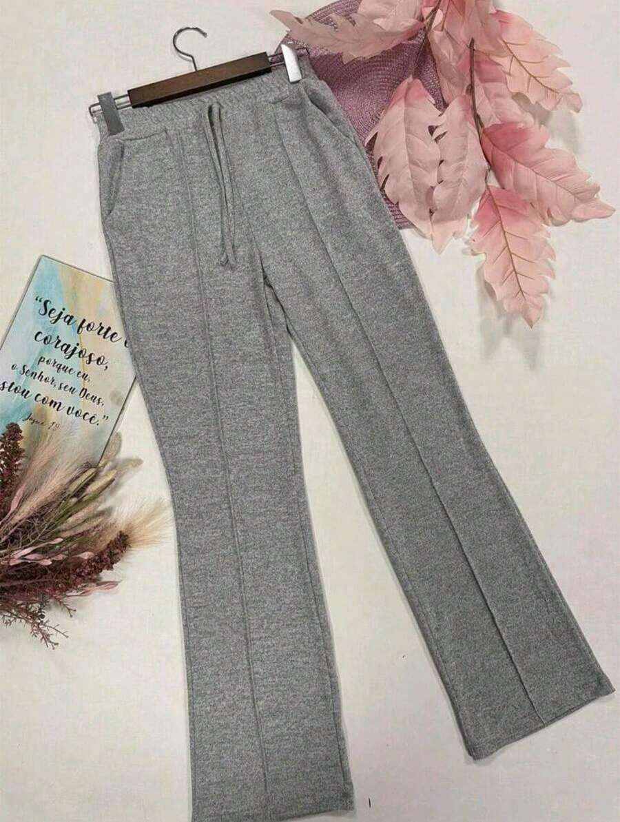 High-Waisted Wide-Leg Pants With Crease, Plain Wool, For Winter. - 淺灰色 - 查看 1
