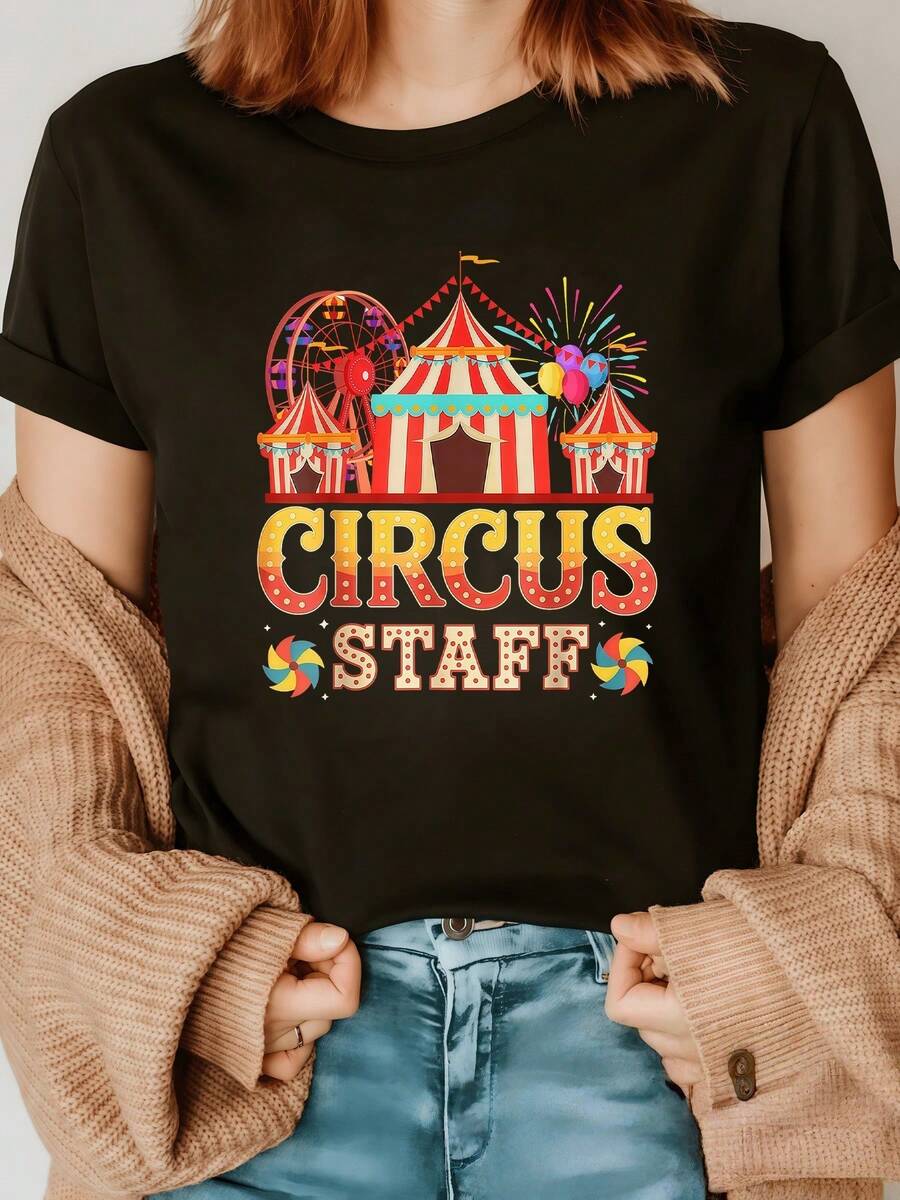Carpas coloridas con luces brillantes y ruedas de feria simbolizando alegría infantil y diversión nostálgica camiseta de mujer con estampado de circo vintage casual cómoda para uso diario - Negro - Ver 1