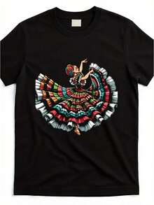 Camiseta gráfica de bailarina de ballet folklorico negra para mujer - Estampado artístico de baile tradicional mexicano con colores vibrantes, camiseta retro de cuello redondo para eventos culturales, presentaciones de baile y atuendo casual - Ropa casual y formal para adultos de ajuste cómodo para todas las estacionesSuitable for spring, summer and autumn - Negro - Ver 7