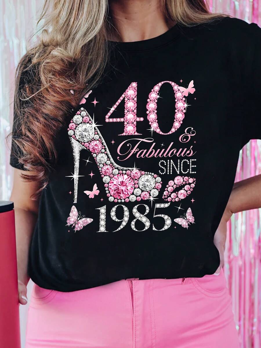 Women's 1985 Birthday Graphic T-Shirt - "Still Beautiful At 40" Design, Casual Crew Neck, Short Sleeve, Lightweight Polyester, Spring/Summer Celebration Essential, Women's T-Shirt - Basic And Versatile - 黑色 - 查看 1