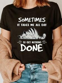 Under The Radar Funny Cat Print T-Shirt, Short Sleeve Crew Neck, Casual Top For Summer And Spring, Women's Clothing - Vintage Street Style Unisex Loose Cotton Short Sleeve Crew Neck T-Shirt - 黑色 - 查看 7