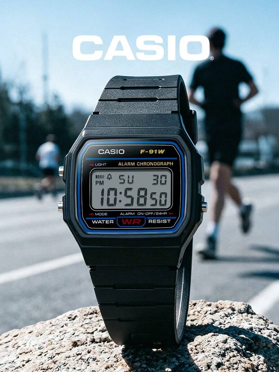 Casio Jam Tangan Elektronik Unisex - Tali Tahan Air, Dengan Fungsi Kalender, Alarm, dan Stopwatch, Jam Tangan Persegi Gaya Retro untuk Pelajar, Bahan Karet, Gaya Olahraga, Cocok untuk Pemakaian Sehari-hari F-91W-1 - Biru tua - View 1