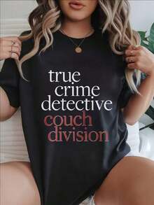 Regalo: 1 camiseta de mujer con estampado de detective de crímenes reales, cuello redondo, camiseta casual de algodón, tejido de punto de elasticidad media, corte regular para damas, ideal para primavera/verano/otoño, Día de la Madre, Día de la Independencia, suave. - Negro - Ver 6