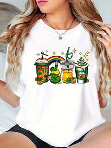Camiseta ligera para mujer con estampado de dibujos animados de té con leche, cuello redondo informal, manga corta, 9% de elasticidad, baja capacidad - Blanco - Ver 2