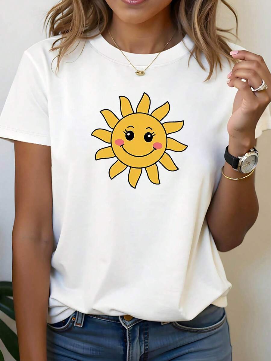 Camiseta ligera y elegante con estampado de sol sonriente de dibujos animados, corte holgado para primavera y verano, adecuada para mujeres. Perfecta - Blanco - Ver 1