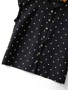 Blusa de mujer con cuello redondo, sin mangas, abotonada, con volantes y estampado de lunares vintage francés, versátil para ir al trabajo, tomar el té por la tarde o uso diario - Negro - Ver 5