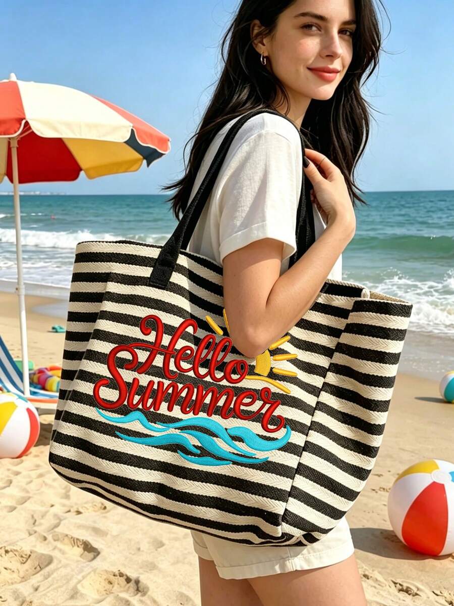 大容量黑白條紋沙灘托特包，可折疊帆布肩背包，附「Hello Summer」仿刺繡字母印花，防水防沙旅行包，適合夏季必需品，完美適用於沙灘旅行、游泳、購物和日常使用，適合女性、旅行者和沙灘愛好者，完美適用於春假、度假和禮物，可用作沙灘包、購物袋和旅行伴侶，返校禮物、父親節、返校禮物