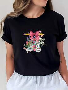 Dios Está con Ella, Camiseta Inspiradora de 180G, Bonito Regalo Floral para Maestra, Camiseta Casual de Manga Corta para Mujer para el Día de Graduación y Team Building, 100% Algodón - Negro - Ver 7