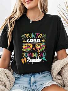 Soft, Breathable, And Lightweight For All-Day Comfort. Featuring A Happy Vacation Design From Punta Cana, Dominican Republic. | Women's Crew Neck T-Shirt With Letter Print, Short Sleeves, And Medium-Stretch Fabric For Spring/Summer. Classic Crew Neck With A Relaxed Fit That Flatters All Body Shapes And Is Easy To Pair With Jeans, Shorts, And Leggings. - 黑色 - 查看 3