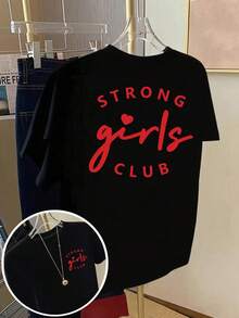 Camiseta de manga corta con estampado frontal y trasero - "Strong Girls", estampado de moda "girl power" - camiseta de mujer con estampado de moda para primavera/verano, artículo de moda. - Negro - Ver 6