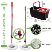 Folding Mop Bucket Set, Rotating Mop And Bucket And Squeeze Set, Bathroom Mop Bucket, 360° Rotating Mop Bucket System, With 3 Ultra-Fine Fiber Mop Replacement Heads And A Stainless Steel Adjustable Handle, Brush Head, Suitable For Floor Cleaning - Folding mop bucket - 查看 3