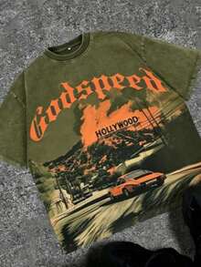 Break The SystemMen's Washed Vintage Crewneck T-Shirt, 100% Cotton 180GSM, Godspeed Highway Car Print, Retro Faded Style, American Streetwear, - 軍綠色 - 查看 7