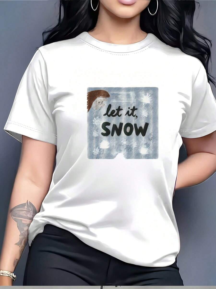 Camiseta Festiva de 180G con Estampado "Let It Snow" para Regalos de Navidad, Actividades de Team Building, Salidas Familiares y Uso Casual - Blanco - Ver 1