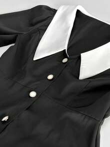Two-Tone Dress With Lapel Collar And Buttons, Sweet Elegant Style Spring 2026 - Black - View 5