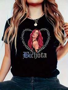 Camiseta Gráfica Bichota para Mujer de Arte Mexicano, Tejido de Punto 100% Poliéster, Cuello Redondo, Manga Corta, Top Casual de Verano, Largo Regular,  -Camiseta Algodón Familia Coordinada - Negro - Ver 9