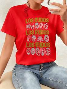 Illustration Of Mexican Wrestling Masks, Los Rudos, Symbol Of Strength, Courage And Tradition, Combining Gold And Gray Tones Evoking The Energy Of The Ring. Women's T-Shirt, 100% Cotton, Comfortable And Modern For A Rebellious Spirit. Comfortable Clothing. - 紅色 - 查看 1