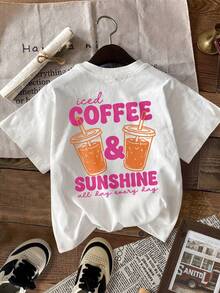 Women's Summer Top. Casual Short-Sleeved T-Shirt For Ladies With "Iced Coffee And Sunshine" Print, A Gift For Coffee Lovers In Summer, Regular Fit Top With Round Neck, Suitable For Spring And Summer, Women's Clothing, Relaxing And Comfortable. - 白色 - 查看 1