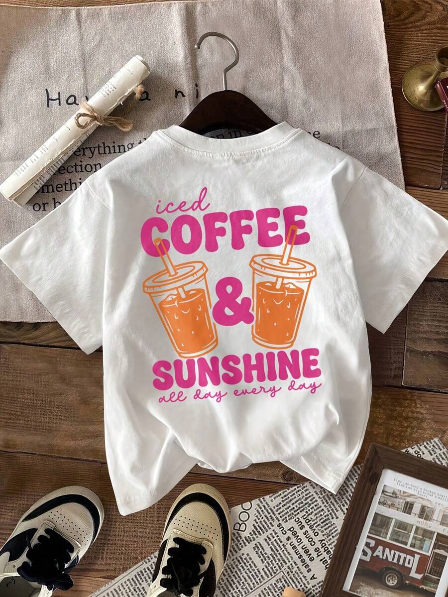 Women's Summer Top. Casual Short-Sleeved T-Shirt For Ladies With "Iced Coffee And Sunshine" Print, A Gift For Coffee Lovers In Summer, Regular Fit Top With Round Neck, Suitable For Spring And Summer, Women's Clothing, Relaxing And Comfortable. - 白色 - 查看 1