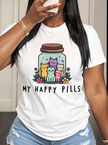 My Happy Pills Casual T-Shirt With Adorable Cat Design In A Jar For Cat Lovers And Girls, Floral Print, Perfect For Casual Wear And Gift Ideas. A Must-Have. - 白色 - 查看 1