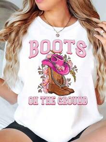 Women's Clothing Women's T-Shirt With Floor Boots Print, Text And Cowboy Hat With Flowers, Round Neck, Western Casual Style, Gift For Her, Women's Shirts - 白色 - 查看 1
