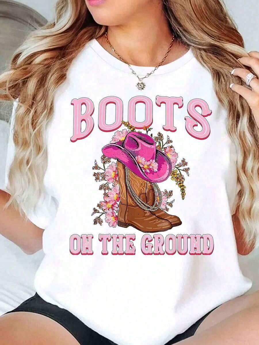 Women's Clothing Women's T-Shirt With Floor Boots Print, Text And Cowboy Hat With Flowers, Round Neck, Western Casual Style, Gift For Her, Women's Shirts - 白色 - 查看 1
