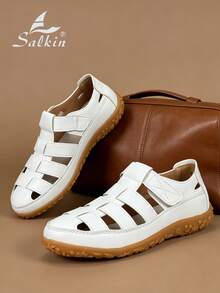 Salkin Fashionable Retro Summer Women's Sandals, Hook And Loop Solid Color Simple Open Toe, Bring Comfortable Outdoor Feeling, Flat Sandals With Affordable High-End Feel, Leather Ballet Flats, Size Runs Small, Suggest Ordering One Size Up, Summer Back To School Shoes, College Style, Non-Slip Durable Casual Outdoor Walking Shoes For Women, Soft Comfortable Leather, Suitable For Jeans, Skirts, Holiday Gift, Vacation Style - White - View 11