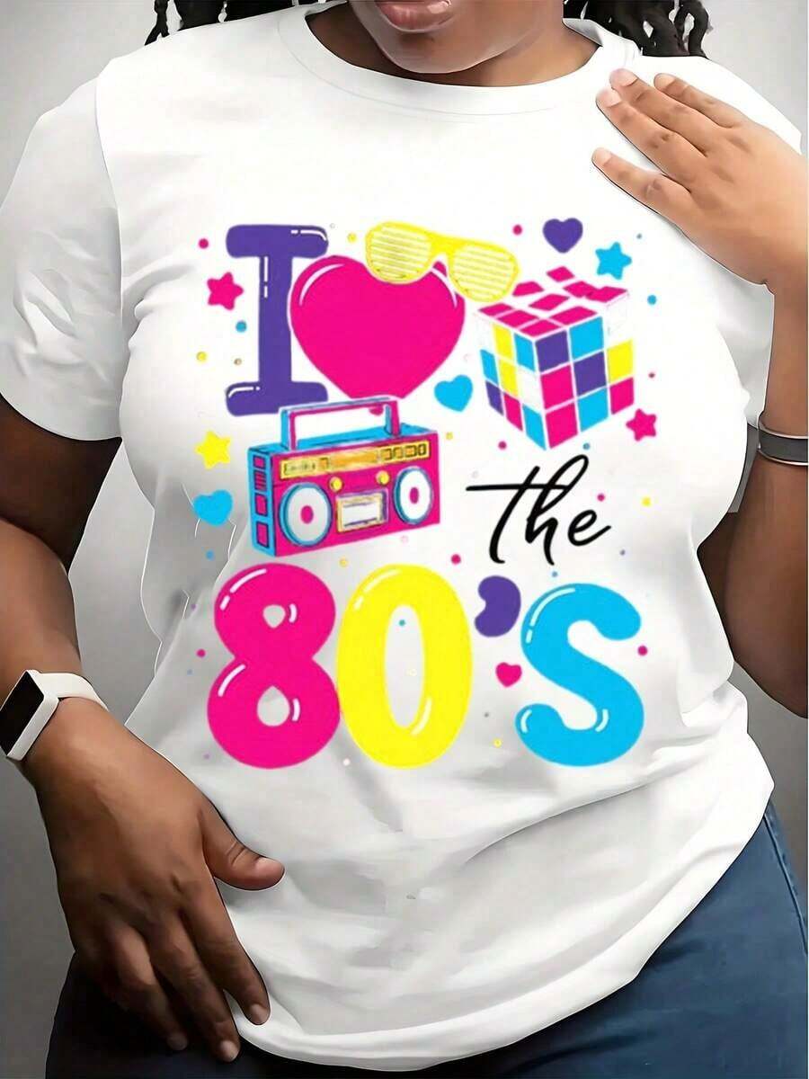 Women's Clothing Women's T-Shirt With I ❤️ Retro 80s Print With Boombox And Sunglasses Design – Perfect For 80s Theme Parties, Casual Wear And Nostalgic Outfits, Women's Shirts - 白色 - 查看 1