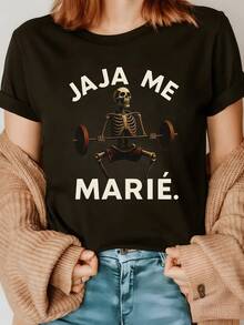 Funny Skeleton Lifting Weights With Humorous Phrase Reflecting Positive Energy And Rebellious Spirit. Modern Casual Women's T-Shirt For Everyday Wear, Comfortable And With Great Personality. - 黑色 - 查看 8