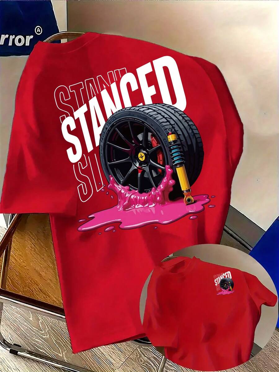 Oversized T ShirtMen's Fashion "Stanced" Hot Rod Print T-Shirt - Simple Casual Crew Neck Short Sleeve Tee, Machine Washable Summer Apparel, Suitable For Summer And Year-Round Wear, Ideal For Daily Casual, Home, And Outdoor UseShort Sleeve T-Shirt, Top For Woman Summer Outfits For Women Summer Tops Vacation Outfits WomenSpring Layering, Casual Tops, Ba - 紅色 - 查看 1