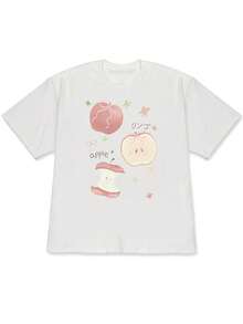 2026 Spring/Summer New Oversized Women's Drop-Shoulder Japanese-Style Soft And Cute Apple Print Loose Short-Sleeve T-Shirt, Eye-Catching Summer Streetwear, Fashionable Sweet And Style Top For WomenFor Summer - 白色 - 查看 1