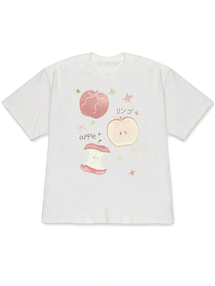 2026 Spring/Summer New Oversized Women's Drop-Shoulder Japanese-Style Soft And Cute Apple Print Loose Short-Sleeve T-Shirt, Eye-Catching Summer Streetwear, Fashionable Sweet And Style Top For WomenFor Summer - 白色 - 查看 1