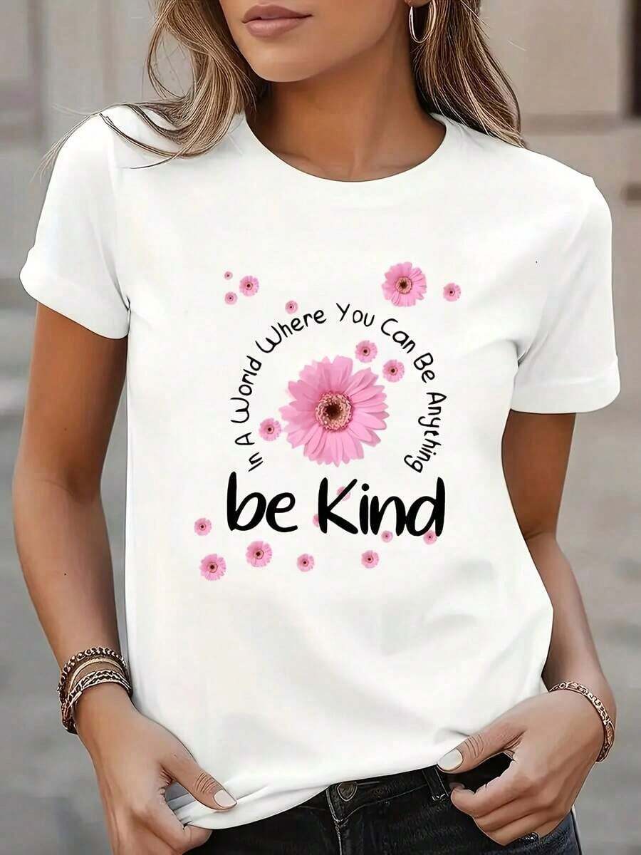 Camiseta con Estampado de Letras y Flores a la Modablusas para mujer>ropa - Blanco - Ver 1