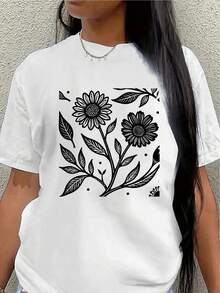 This Lightweight And Durable Short-Sleeved T-Shirt With A Floral Design Is Perfect For Home, Cafes, Or Outdoor Leisure Trips, Offering A Comfortable Everyday Wear Experience. Women's Blouses > Clothing - 白色 - 查看 7