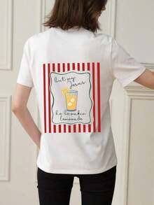 Camiseta de manga corta para mujer, de verano, con cuello redondo, diseño de rayas verticales, estampado de dibujos animados de helado de limón, adecuada para el verano, la playa, la calle, el uso diario, el trabajo, fiestas de oficina, salidas, festivales, festivales de música, el Día de San Valentín, fiestas y otras ocasiones, blanca, 100% algodón. - Blanco - Ver 3