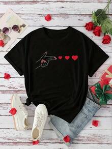 Camiseta deportiva casual suave para mujer, con estampado de corazón, manga corta, cuello redondo, a la moda para verano y primavera, blusas elegantes para mujer. - Negro - Ver 4