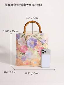 Fashionable Colorful Sequin Contrast Mesh Embroidered Jacquard Elegant Lady Bamboo Handle Tote Bag, Linen Handbag For Party & Holiday, Floral Pattern Randomly Sent - Beige - View 3