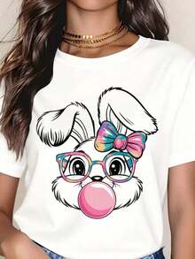 Women's T-Shirt With Bunny Print With Glasses And Bow, Casual Style For Easter And Spring, Fun Animal Print T-Shirt For Celebrations And Parties, 220g - Urban Vintage Style, Unisex, 100% Pure Cotton, Short Sleeve, Round Neck. - 白色 - 查看 3