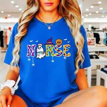 Women's Halloween Nurse Print Cotton T-Shirt, Cute Graphic Tee With Ghost, Pumpkin And Witch Hat, Casual Short Sleeve Top, Nurse Costume T-Shirt For Parties, Comfortable And Breathable Basic T-Shirt For Halloween Celebrations. - 藍色 - 查看 7