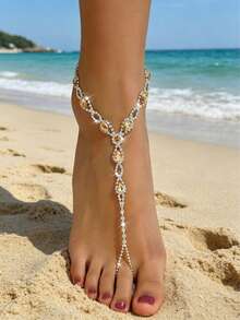 1pc Rhinestone Barefoot Sandal Foot Chain, Crystal Water Drop Connected Toe Anklet, Copper Material Foot Jewelry, Suitable For Bride Wedding, Beach Party - Champagne - View 4