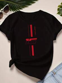 Women's Casual Short-Sleeved T-Shirt, Eclaire, Size 16, Printed, Loose-Fitting Round Neck, White, Machine Washable, Spring/Summer Top. Elegant Party Outfit, T-Shirt For Stylish Ladies, Blouses Suitable For Curvy Women, Casual Wear, Cool And Breathable Summer Clothing, Fun Letter Print. - 黑色 - 查看 1