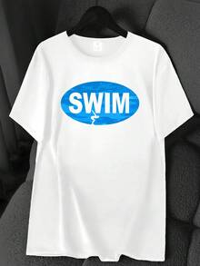 Swim-Print T-Shirt. Available In 6 Colors, Short Sleeves, Round Neck, High-Stretch Casual Sports Top. Machine Washable. Suitable For Spring And Summer. Can Be Worn In All Seasons. Women's Clothing. Elegant Party Outfit, T-Shirt For Elegant Ladies, Blouses Suitable For Curvy Women, Casual Wear, Cool And Sweat-Free Summer Wear, Fun Letter Print. - 白色 - 查看 6