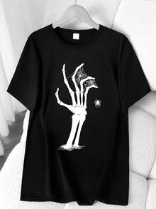 T-Shirt With A Skull, Hand, And Spiderweb Print. Available In 6 Colors, Short Sleeves, Round Neck, High-Stretch Casual Sports Top. Machine Washable. Suitable For Spring And Summer. Can Be Worn In All Seasons. Women's Clothing. Elegant Party Outfit, Stylish Ladies' T-Shirt, Blouses Suitable For Curvy Women, Casual Wear, Cool And Breathable Summer Wear, Fun Letter Print. - 黑色 - 查看 6