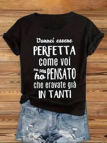 Beautiful Women's Clothing With Italian Text Prints, Elegant And Stylish For Parties, Stretchy And Cute, Perfect As A Gift, Soft And Machine Washable, Ideal For Lounging At Home, With A Round Neck And Short Sleeves - 黑色 - 查看 1
