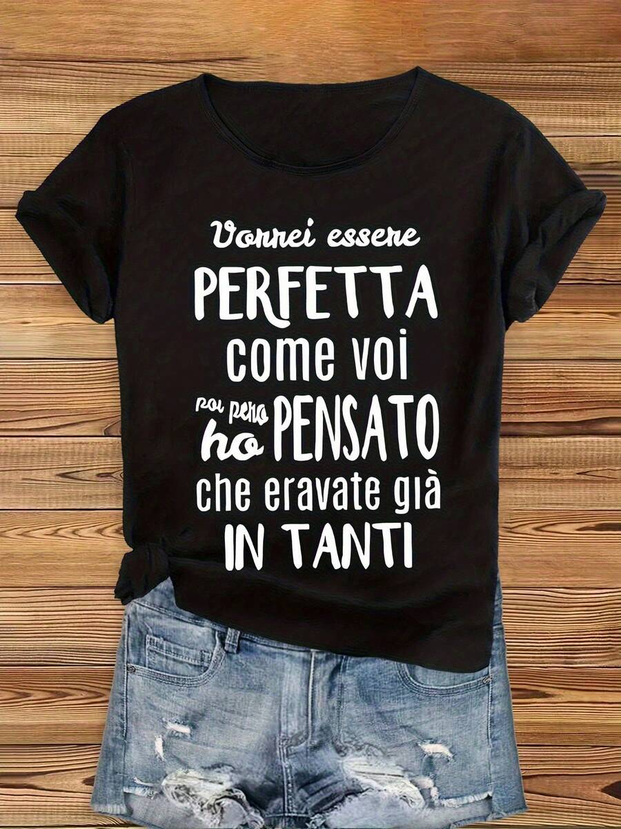 Beautiful Women's Clothing With Italian Text Prints, Elegant And Stylish For Parties, Stretchy And Cute, Perfect As A Gift, Soft And Machine Washable, Ideal For Lounging At Home, With A Round Neck And Short Sleeves - 黑色 - 查看 1