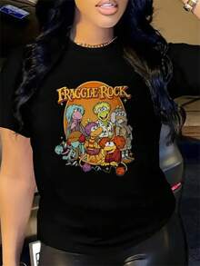 Women's T-Shirt With Cartoon Print, Round Neck And Short Sleeves, Classic, Simple And Modern Style, Casual And Sporty, Ideal For Outdoor Activities, Women's Top - 黑色 - 查看 1