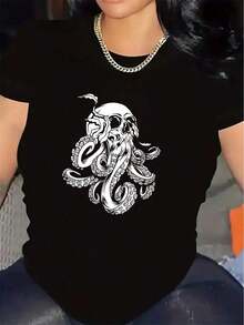 PremiumLoose Octopus Skull Short Sleeve T-Shirt | Lightweight And With A Crew Neck Design, It's Perfect For Lounging At Home Or Wearing Out To Restaurants. Its Comfortable Fit Makes It Ideal For Everyday Wear. A Great Gift Idea. - 黑色 - 查看 1