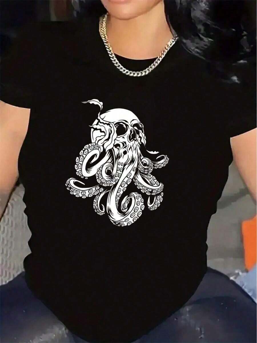 PremiumLoose Octopus Skull Short Sleeve T-Shirt | Lightweight And With A Crew Neck Design, It's Perfect For Lounging At Home Or Wearing Out To Restaurants. Its Comfortable Fit Makes It Ideal For Everyday Wear. A Great Gift Idea. - 黑色 - 查看 1